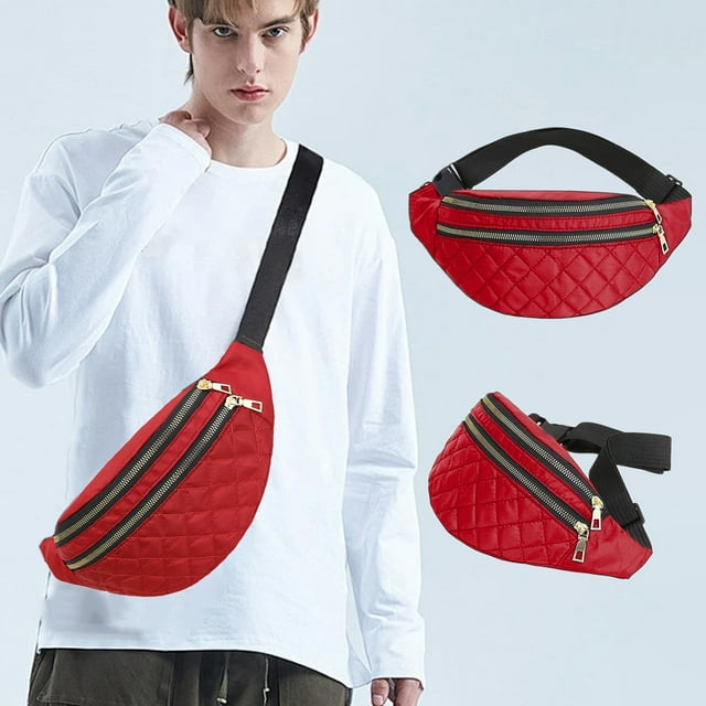 Cinturón de cangurera para mujeres hombres | 2 bolsillos con cremallera, correa ajustable, cintura grande o bandolera | Poliéster ligero Rojo Azul Rosa Gris Púrpura, 12,5"x5,9" | Seguro, versátil