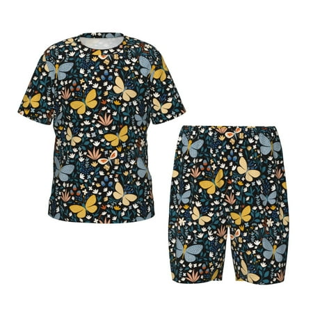 Luyuia Flowers Butterfly Print Girls  2-Piece Tie-Dye Pajama Set  Cute Summer Loungewear with Shirt and Tank Shorts Nightwear-Large