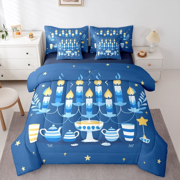 Manfei Western Holiday Teens Twin Bedding Sets 7-Piece, Tribal Menorah Dreidel Bedding Comforter Set, Hanukkah Theme Reversible Sheet Sets, Breathable Home Decor