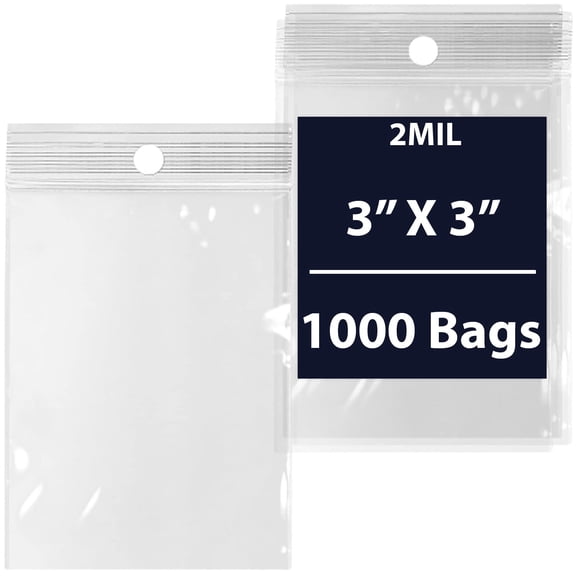 Reclosable Hang Hole Poly Bags - 3 x 3 & (1000 Bags) 2 Mil Clear Plastic with Resealable Lock Seal Zipper | Durable Poly Baggies | Resealable Zip Top Lock For Jewelry, Storage, Packaging & Shipping