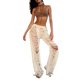 thumbnail image 4 of VISgogo Mujer Pantalones Largos Huecos, Primavera Verano Señoras Estilo Ocio Color Sólido Cintura Media Borlas Ripped Beach Pantalones Rectos VISgogo moda, 4 of 9