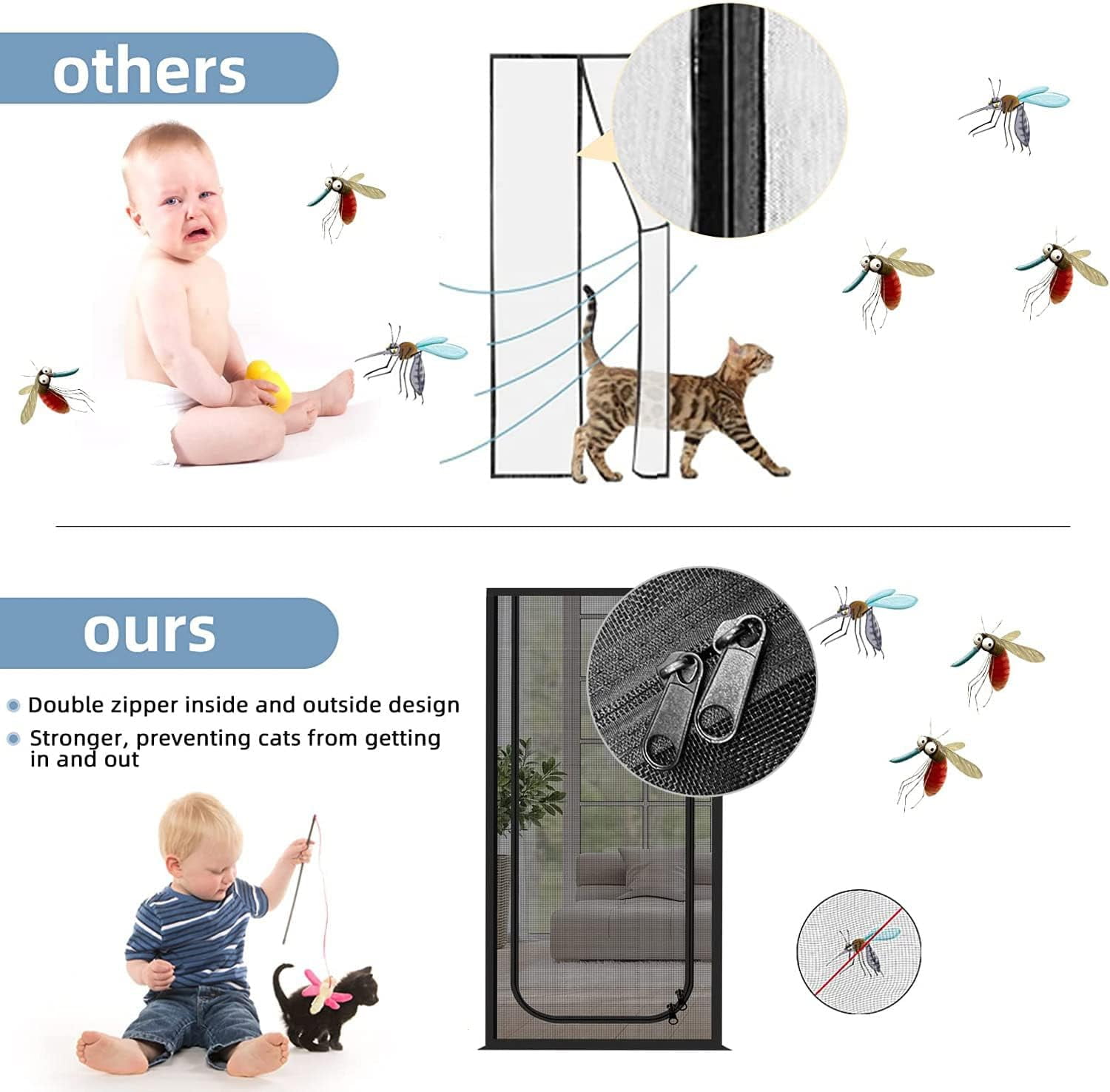 OhhGo Reinforced Cat Screen Door, 31.5X82.6'' Heavy Duty Pets Proof Screen Door with Bilateral Zipper, Prevent Dogs Cats Running Out from Home, Bedroom, Kitchen Patio Door, Black