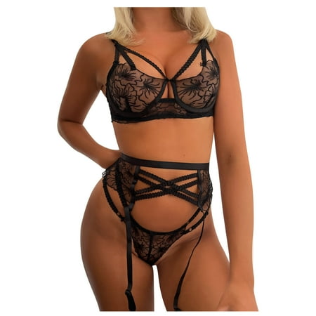 

Feltree Women s Lingerie Lingere Lingerie Set Women Exquisite Lace Lingerie Bra Garter Briefs Set Babydoll Cut-Out Sleepwear Black S
