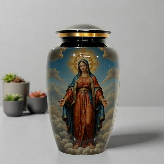 Religious Black Cremation Urn for Human Ashes - with Virgin Mary Black and Green Design - Adult Urn for Ashes - Upto 200 Lbs (Red)