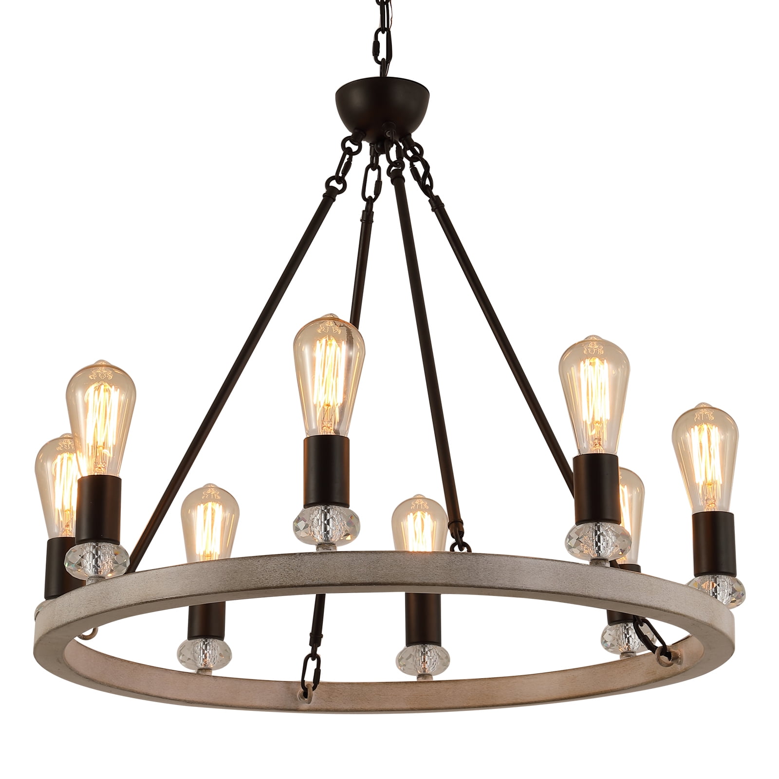Q&S 8Lihgt Rustic Wagon Wheel Chandelier with Oak+Orb Finish for