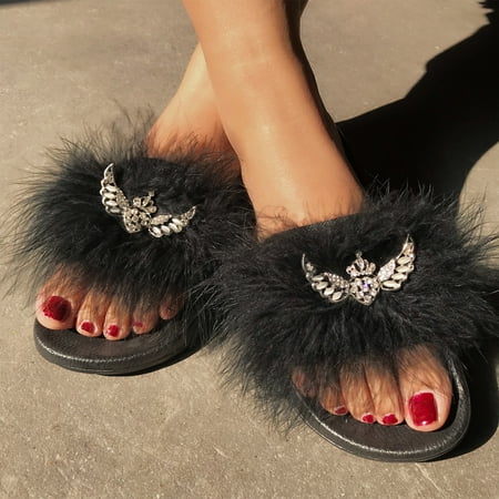 

LnjYIGJ Slippers for Women Fashion Women Casual Furry Bright Diamond Flat Sandals Shoes Flip Flop Slippers