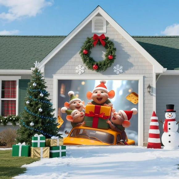 Bannière de Porte de Garage de Noël Scène d'Hiver avec Petite Souris Mignonne Grande Couverture de Vacances Réutilisable Imperméable pour Maison Jardin Fête