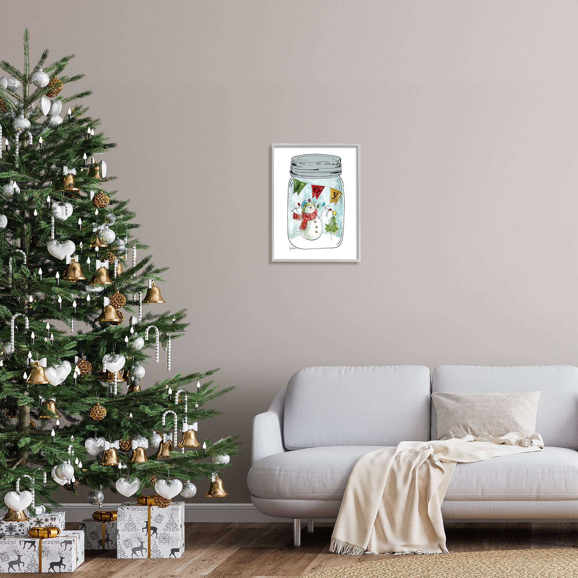 Stupell Industries Joy Text Snowman Christmas Tree Lights Country Jar, 16 x 20, Design by Livi Finn