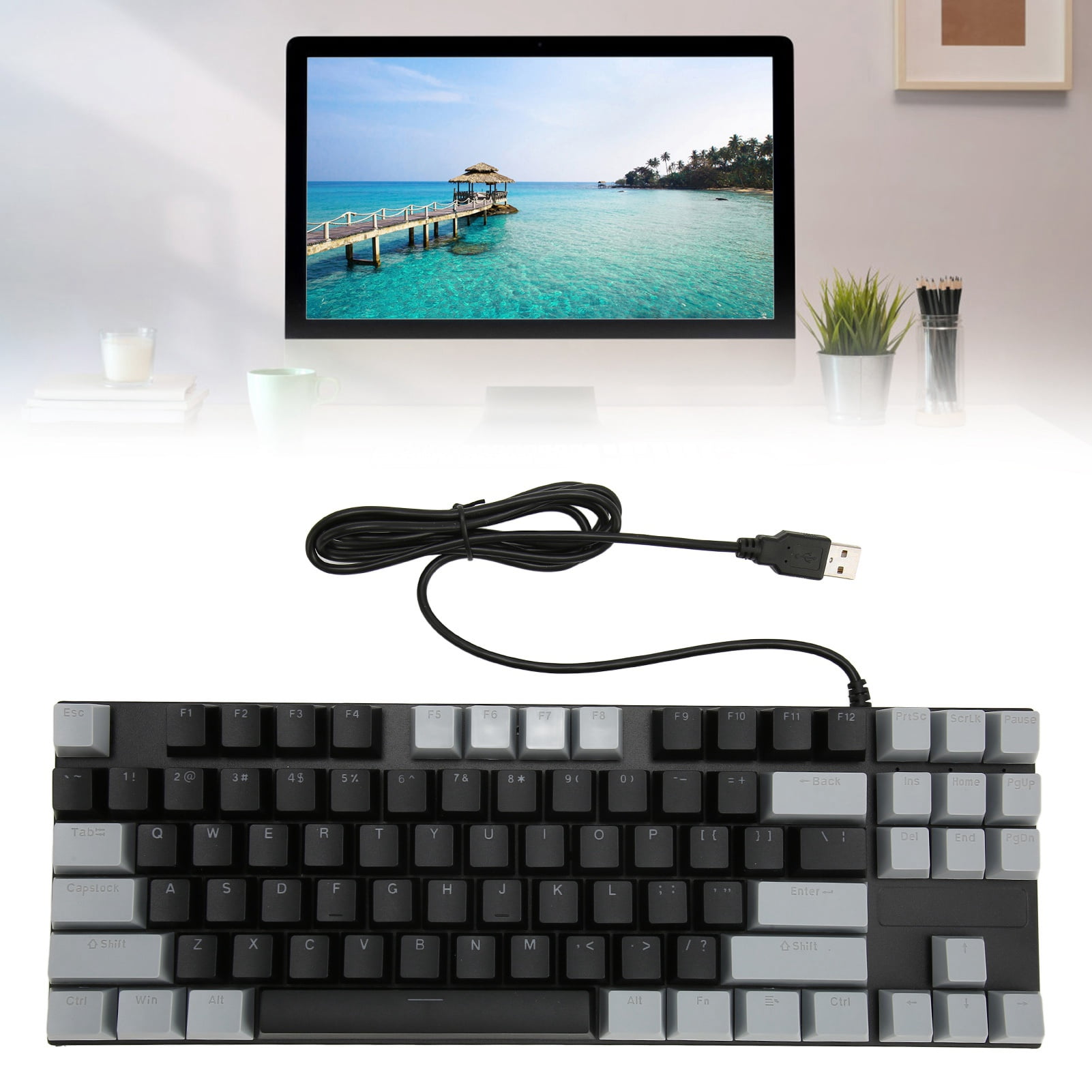 Dual Colors Mechanical Keyboard, Mechanical Gaming Keyboard, 87 Keys Ultra Slim RGB Breathing Backlit USB Wired Keyboard With Blue Switches, For PC Gamer