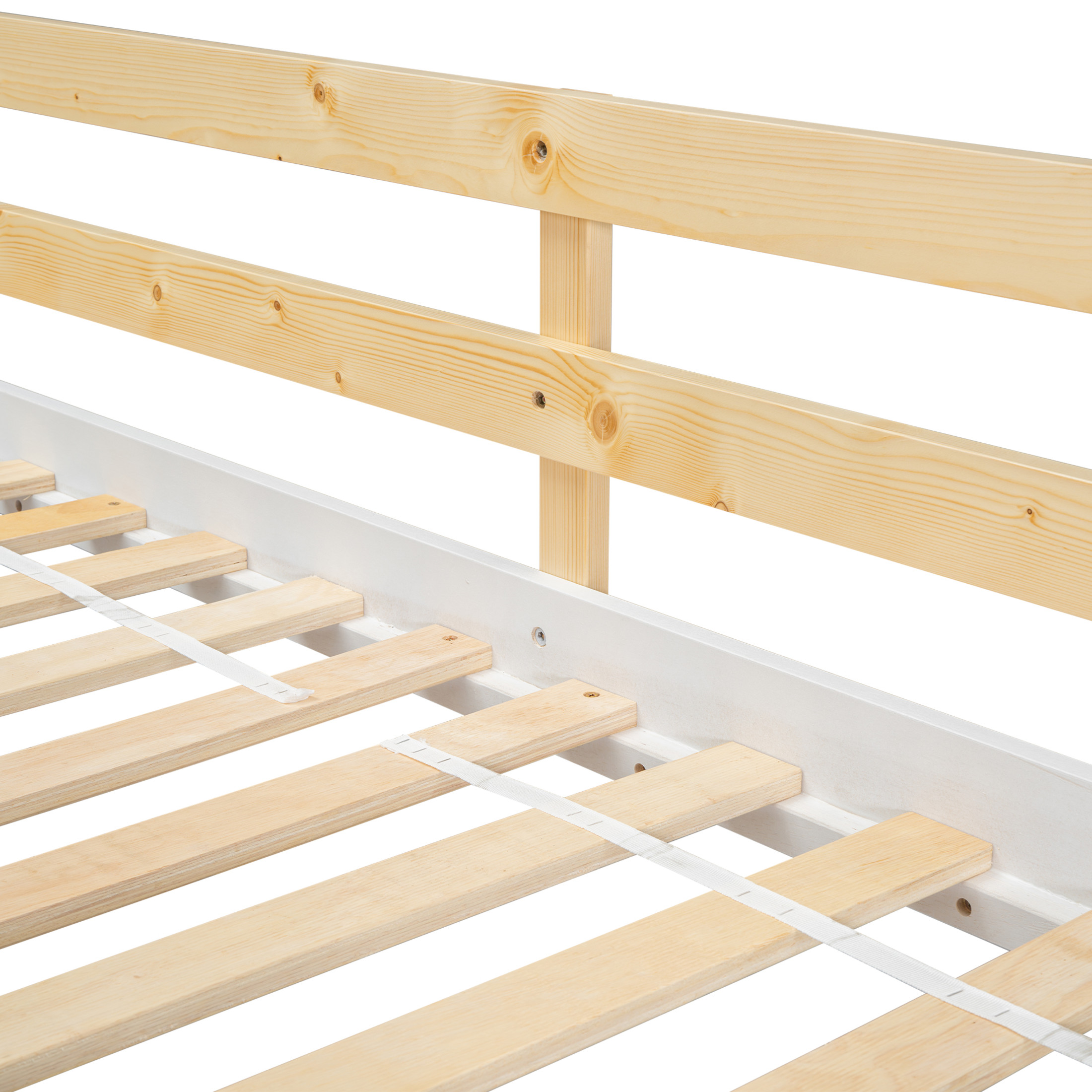 Noble House Twin Over Twin House Bunk Bed, Pine Wood Frame with Safety Guardrails and Ladder, Natural + White