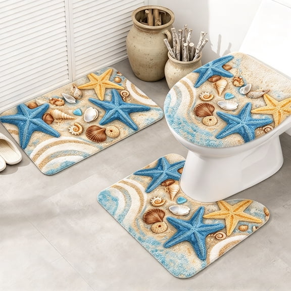 Starfish Seashell Bathroom Rugs Set 3‑Piece, Ocean Beach Theme Flannel Bath Mat Set, Non‑Slip Absorbent Flannel Floor Mat with U‑Shaped Contour Rug & Toilet Seat Cover