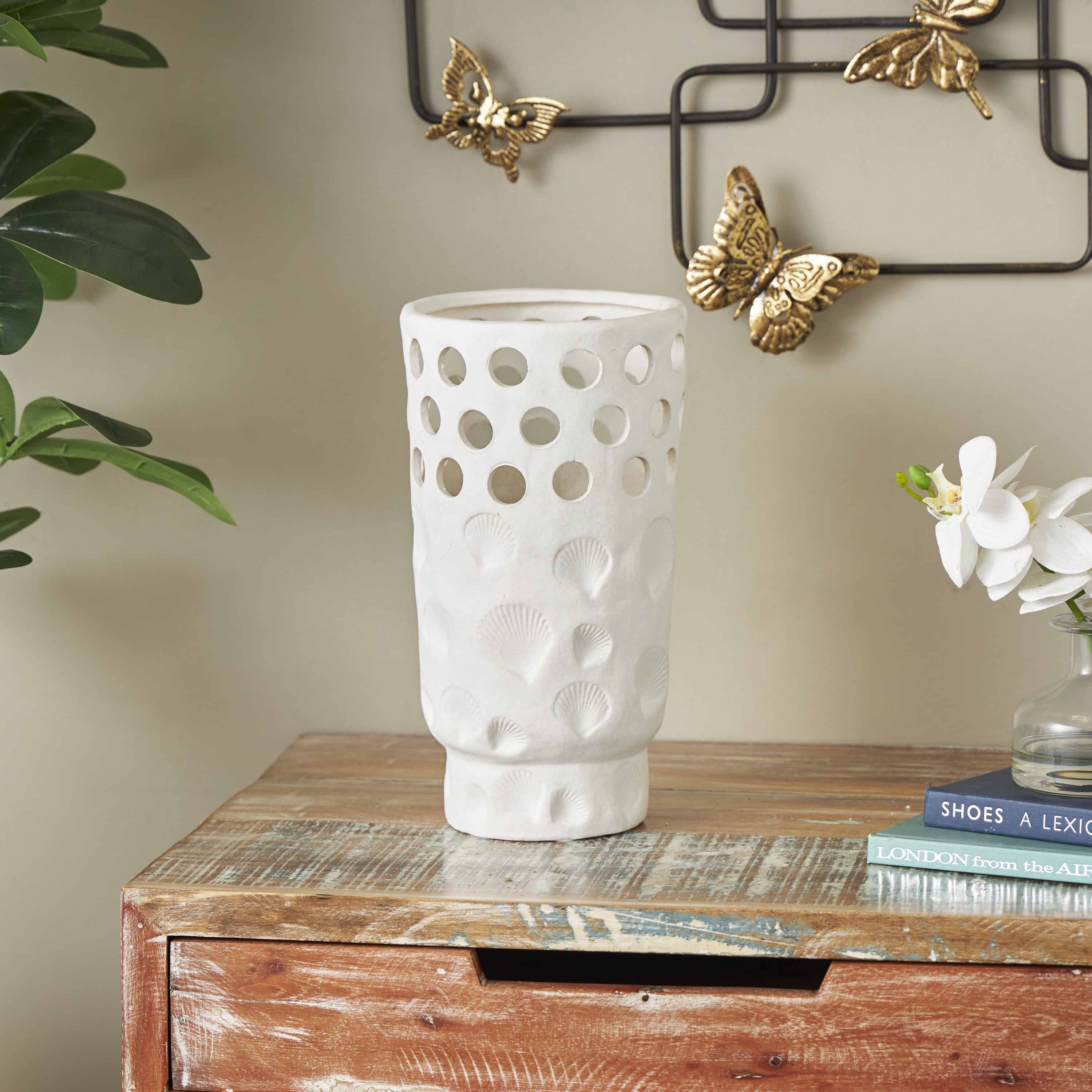 DecMode 13" Shell White Ceramic Vase with Circular Cutouts