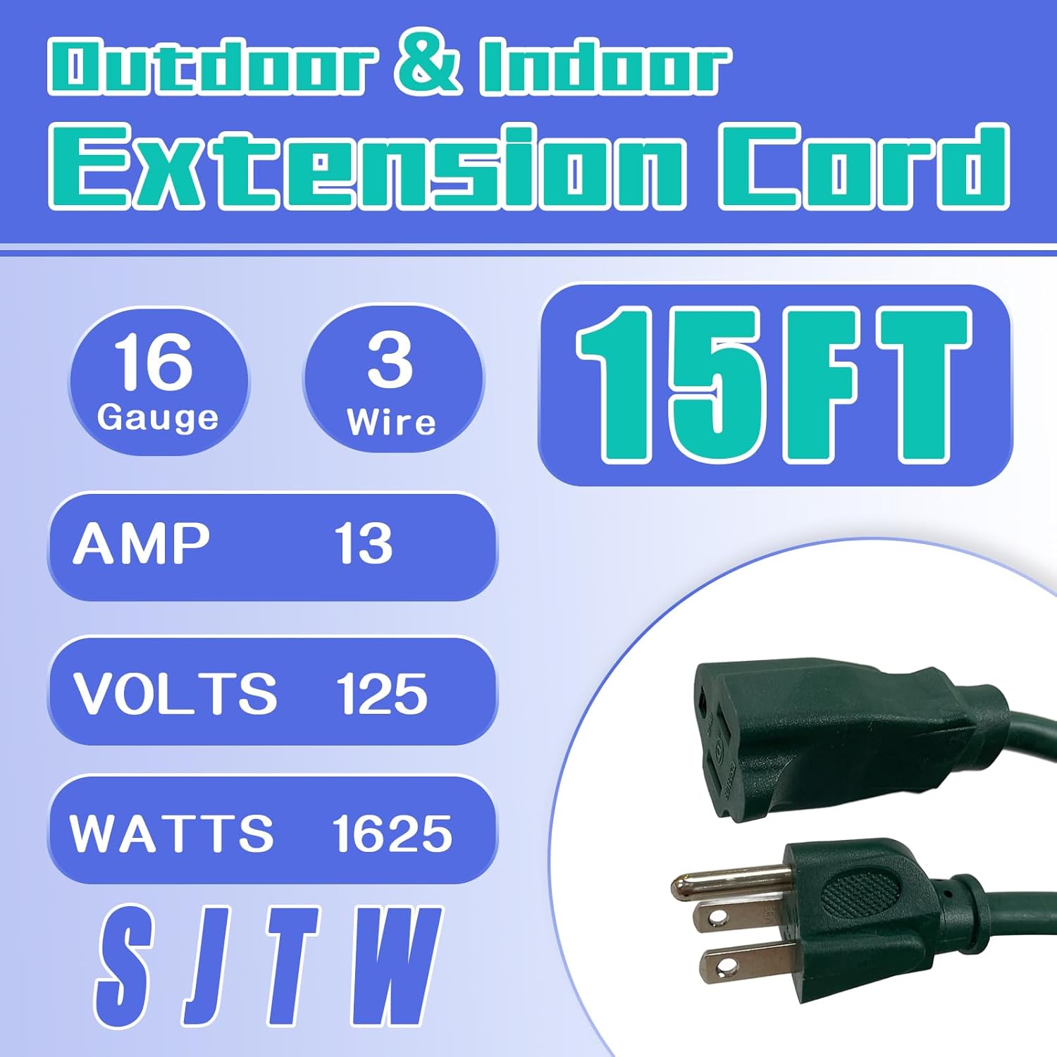 JJEAN-Indoor Outdoor Extension Cord 15 FT, 16/3 SJTW Weatherproof Green Electrical Cords, 13 AMP Heavy Duty 3 Prong Power Cable Great for Garden, Landscaping & Holiday Decorations
