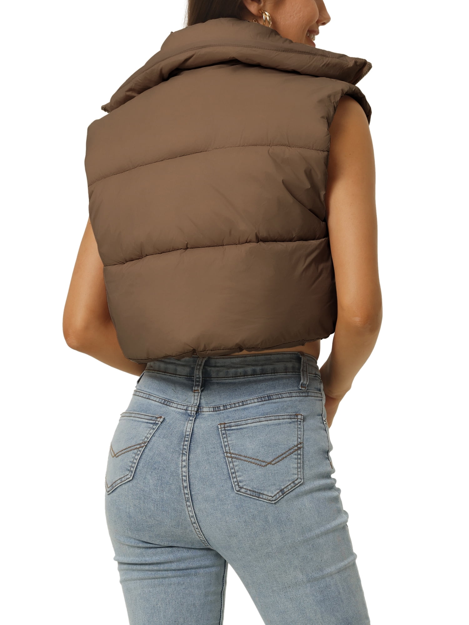 Unique Bargains Women's Padded Vest High Stand Collar Zip Crop Fashion Jacket Puffer Vests M Brown