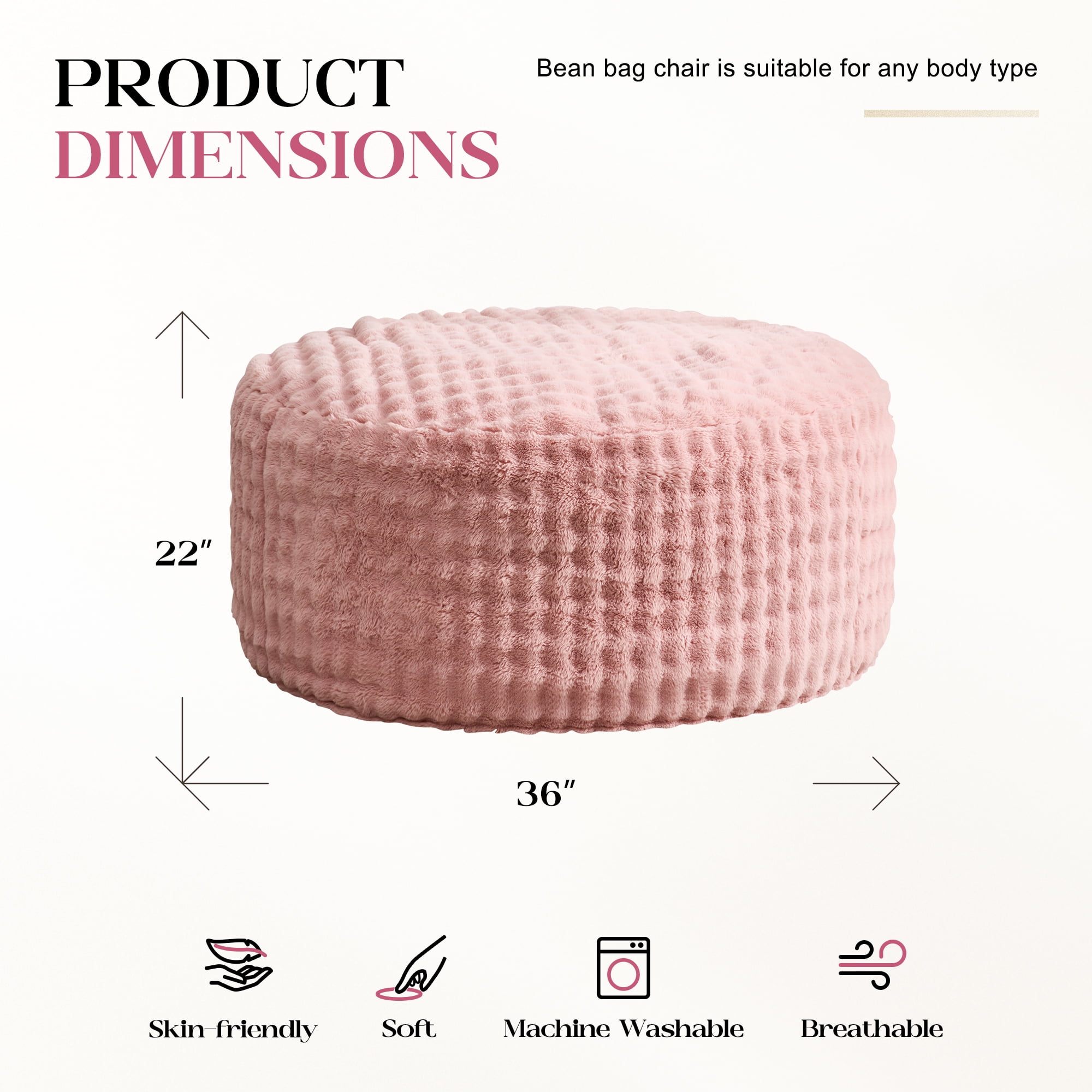 Hobestluk Bean Bag Chairs Beanbag Chair with Filler Adult Bean Bags with Fluffy & Machine Washable Cover, Giant Bean Bag Chairs for Adults (Pink, 3FT-36" x 36" x 22")