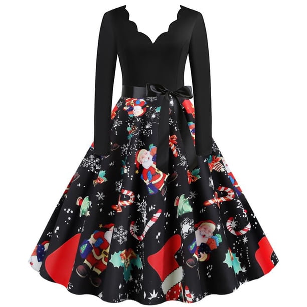 Vestidos para mujer Vestidos de otoño Cuello en V Manga larga Vestido de fiesta de Navidad Vestido vintage para mujer Odeerbi ODB-5