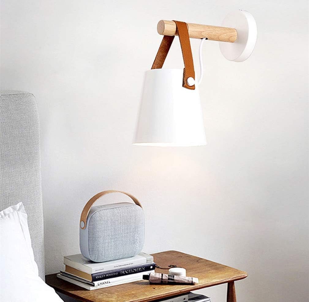Wall Sconce Lamp Wall Sconces Light Fixture Nordic Wood Wall Sconce Lighting Black E27 Iron Art Leather Belt Wall Sconce Creative Wall Light for Home Bedroom Bedside Aisle Restaurant,White