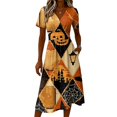 thumbnail image 4 of Women's Halloween Dresses Pumpkin Bat Short Sleeve Funny Midi Dresses Spider Webeb Ghost V Neck Spooky Dresses, L, 4 of 5