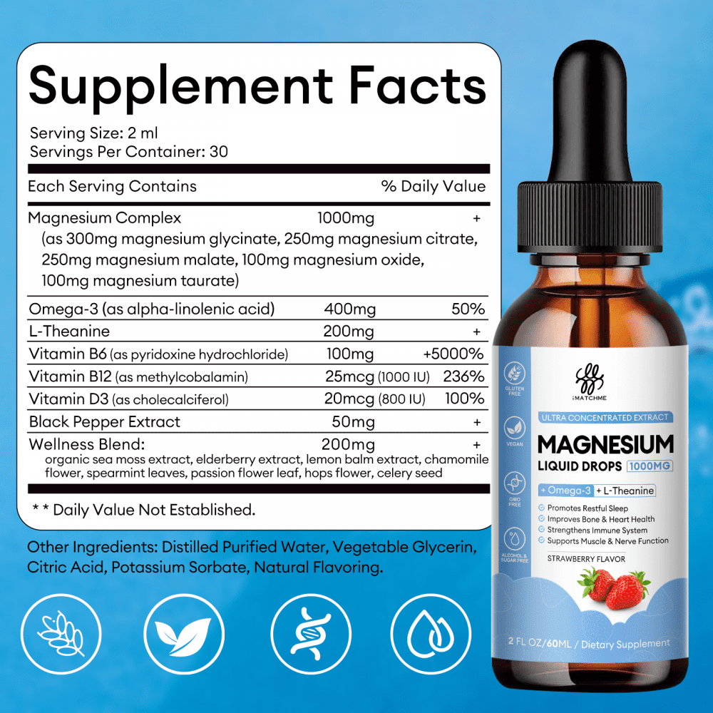 (2 Pack)Magnesium Glycinate Liquid, 1000mg Magnesium Liquid Supplement with Omega3, L-Theanine, D3, B6, B12 for Calm, Sleep, Leg Cramps, Muscles, Energy - Pineapple Flavor, 120 ML/4 OZ