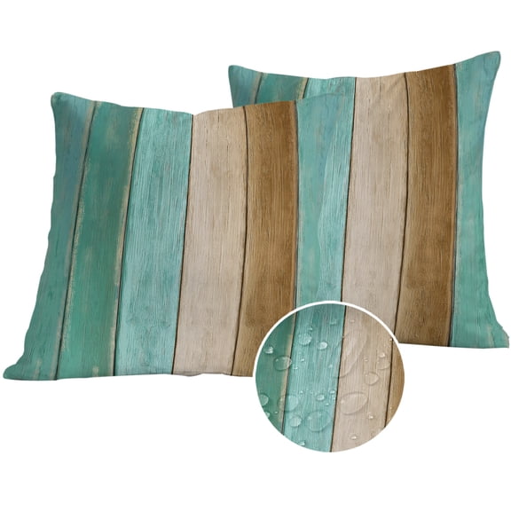 Teal Brown Wooden Outdoor Pillow Covers 16x16 Set of 2,Waterproof Patio Throw Pillowcase Protectors,Farmhouse Vertical Striped Art Decorative Pillow Shams Cushion Covers for Seat Bed Couch Sofa