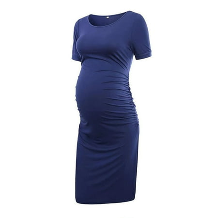 

HWRETIE Maternity Dress Fall Nursing Dresses Under $10 Woman Solid Short Sleeve Breast-Feeding Pregnant Nursing Dress Blue