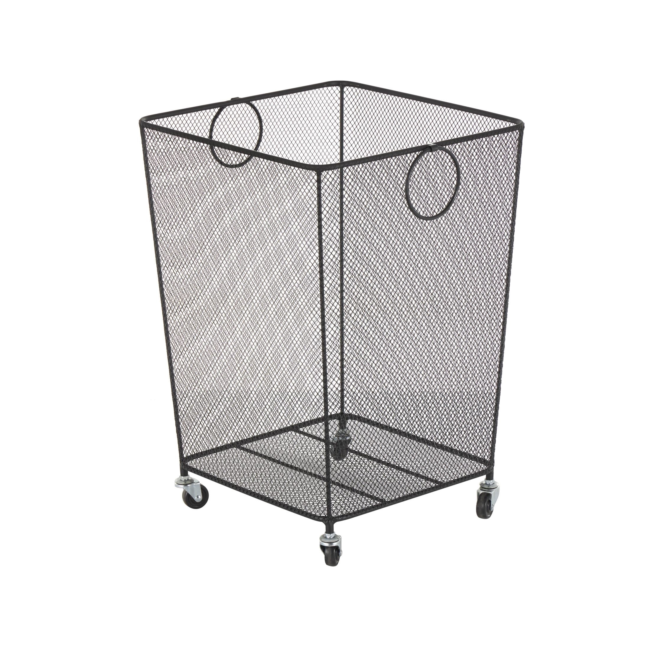 DecMode Black Metal Square Mesh Wire Rolling Laundry Storage Cart with Ring Handles