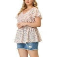 thumbnail image 4 of Unique Bargains Women's Plus Size Casual V Neck Smocked Waist Floral Peplum Blouses 1X Pink, 4 of 7
