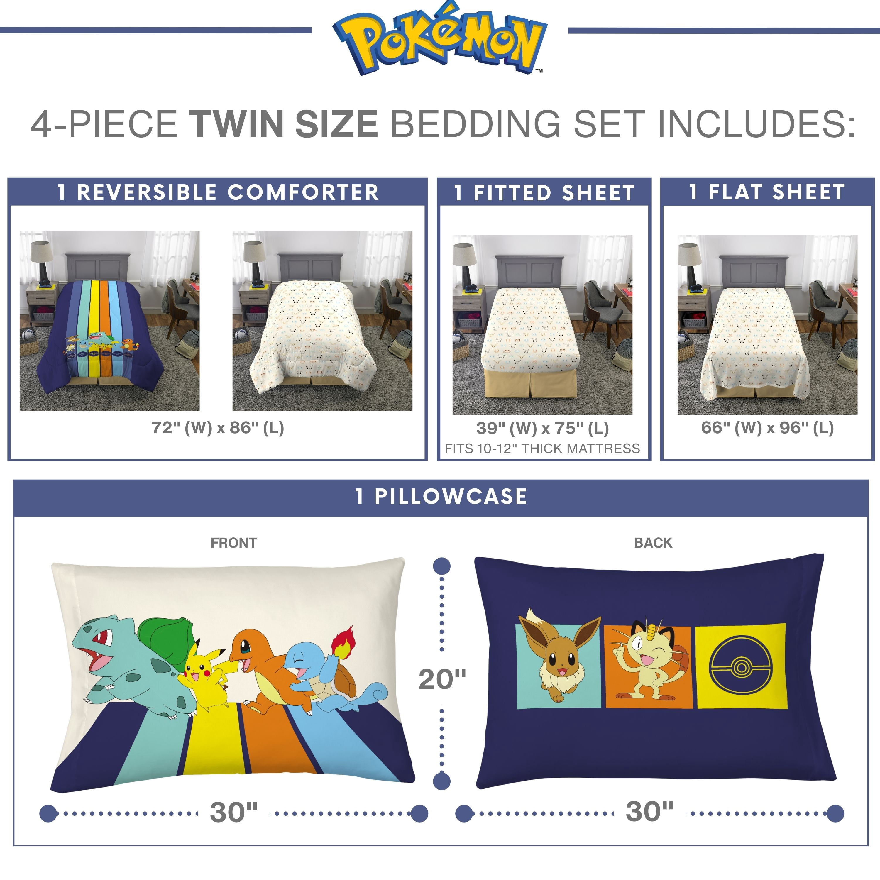 Pokemon Kids 4 Piece Reversible Comforter, Pillowcase, and Sheet Set, Twin