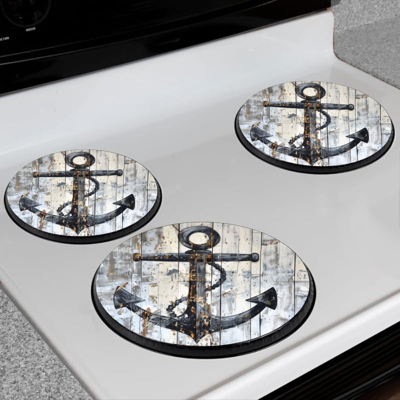 Bahomeck Electric Stove Burner Covers Set Of 4,Black Nautical Anchor On White Painted Wood Metal Gas Stove Burner Covers,Protecting Gas Stoves,8 Inch And 10 Inch