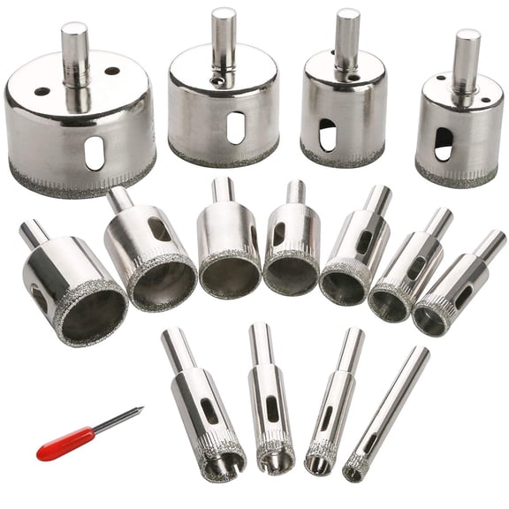 15PCS Diamond Hole Saw Kit, Glass Drill Bits for Drilling Holes in Glass, Bottles, Marble, Granite Stone, Tile Cutting 0.24 Inch - 2 Inch(6mm - 50mm