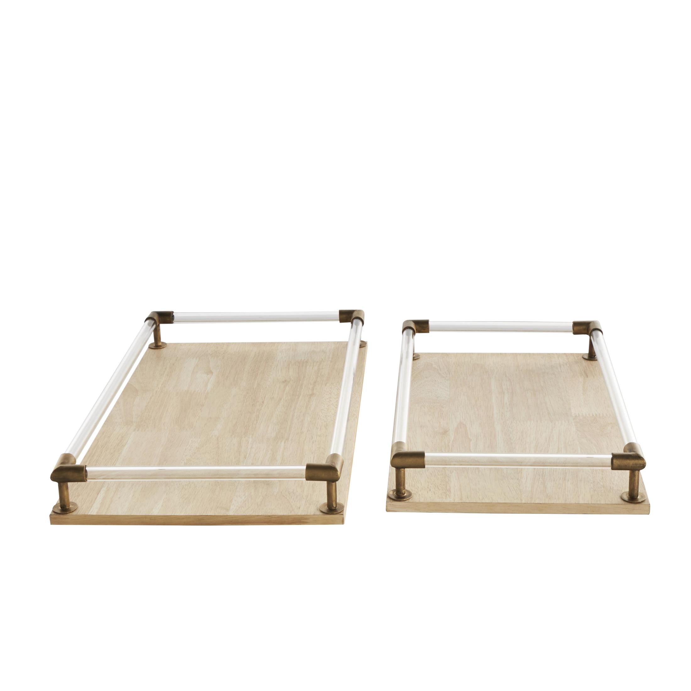 DecMode 19", 17"W Light Brown Mango Wood  Tray with Copper Metal Edges and Acrylic Sides, 2-Pieces