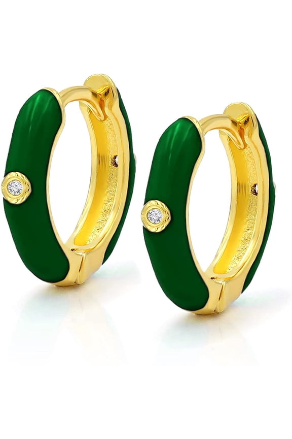 925 Sterling Silver Gold Plated Green Enamel Colored Hoop Minimalist Earrings, Cubic Zirconia, Giorgio Bergamo Green