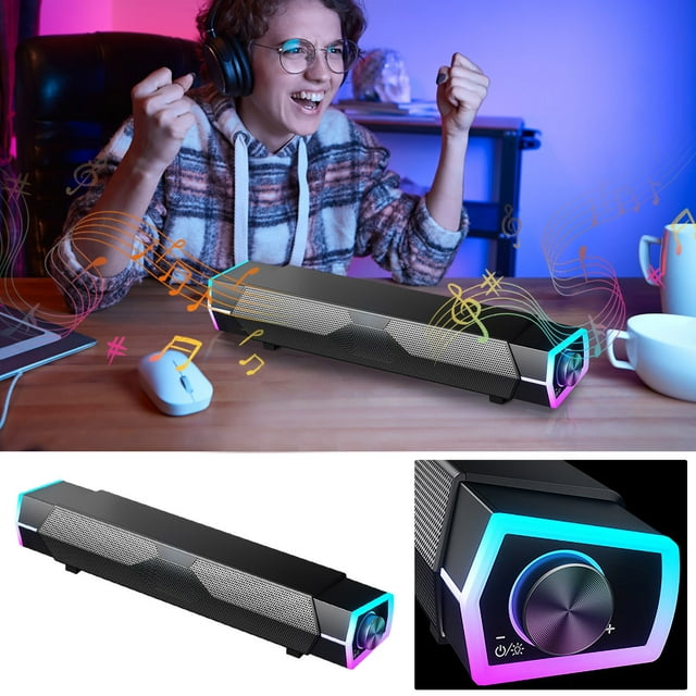 Bluetooth Speaker with RGB Lights, Portable Computer Soundbar,USB Powered Desktop Speakers for PC Laptop Gaming, Bluetooth 5.3 Wireless Mini Sound Bar with Dynamic Lighting Effects