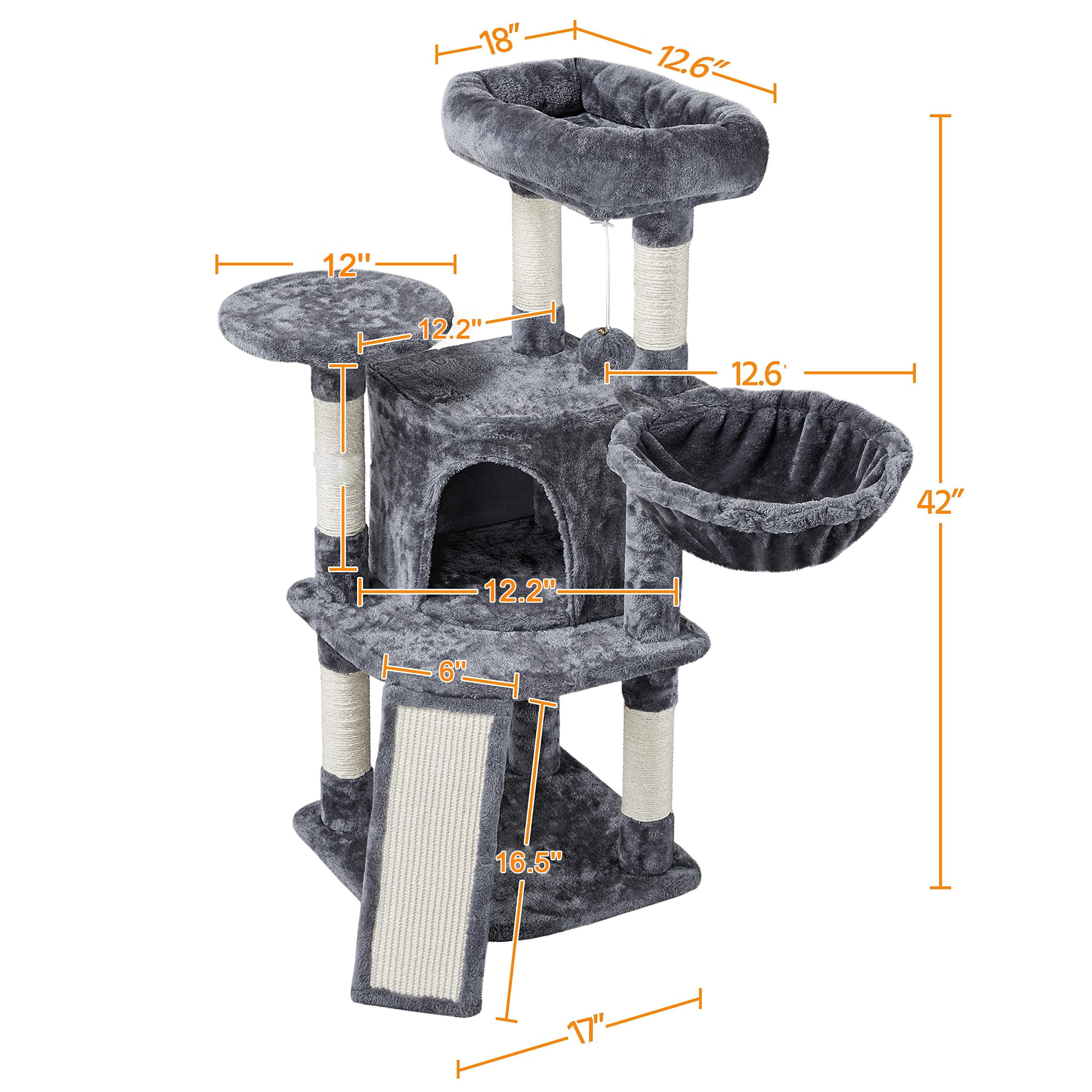 Cat Tree for Indoor Cats, 42in Multi-Level Cat Tower with Scratching Posts, Perch, Hammock and Condo, Stable Playhouse for Kittens and Small Cats, Dark Gray