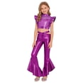 thumbnail image 3 of iiniim  Girls Metallic Dance Outfits Latin Jazz Performance Tank Top with Flared Pants Set Disco Party Purple 12, 3 of 7