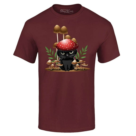 Shop4Ever Men's Mushroom Cat Cottagecore Graphic T-shirt Small Maroon