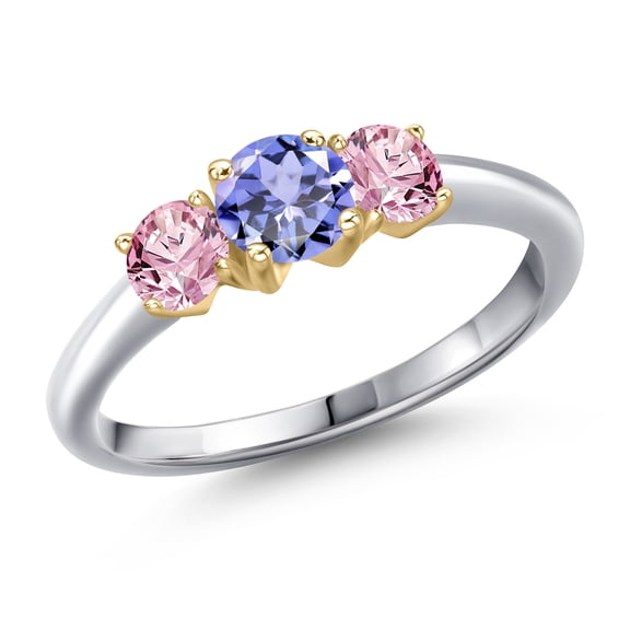Gem Stone King 925 Silver and 10K Yellow Gold Blue Tanzanite and Pink Lab Grown Diamond Engagement Ring for Women | 0.96 Cttw | Round 5MM | Gemstone December Birthstone | Size 6