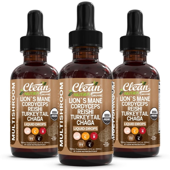 Organic Lions Mane Mushroom Supplement Liquid Drops   Turkey Tail Cordyceps Reishi Chaga Shitake Maitake Tremella Oyster Mushrooms Poria and Enokitake Complex Blend by Clean Nutra