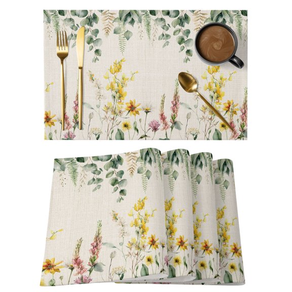 Watercolor Garden Flower Leaves Placemats Set of 6,Wipeable Washable Table Mats for Dining Tables, Farm Plants on Burlap Place Mats for Kitchen Event Party Tabletop Decor