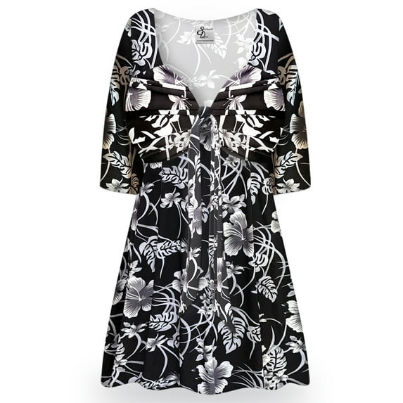 MediumTall Women Tunic Casual Silver Magnolia Designer Print Elegant Draw-Tie V-Neck Loose Babydoll Shirt Blouse