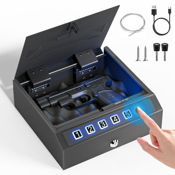 Mukat Biometric Gun Safe for Pistols with Fingerprint Keypad Key Unlock Quick Access Pistol Handgun Safes Alloy Steel Construction Security Gun Lock Box for Home Car Nightstand