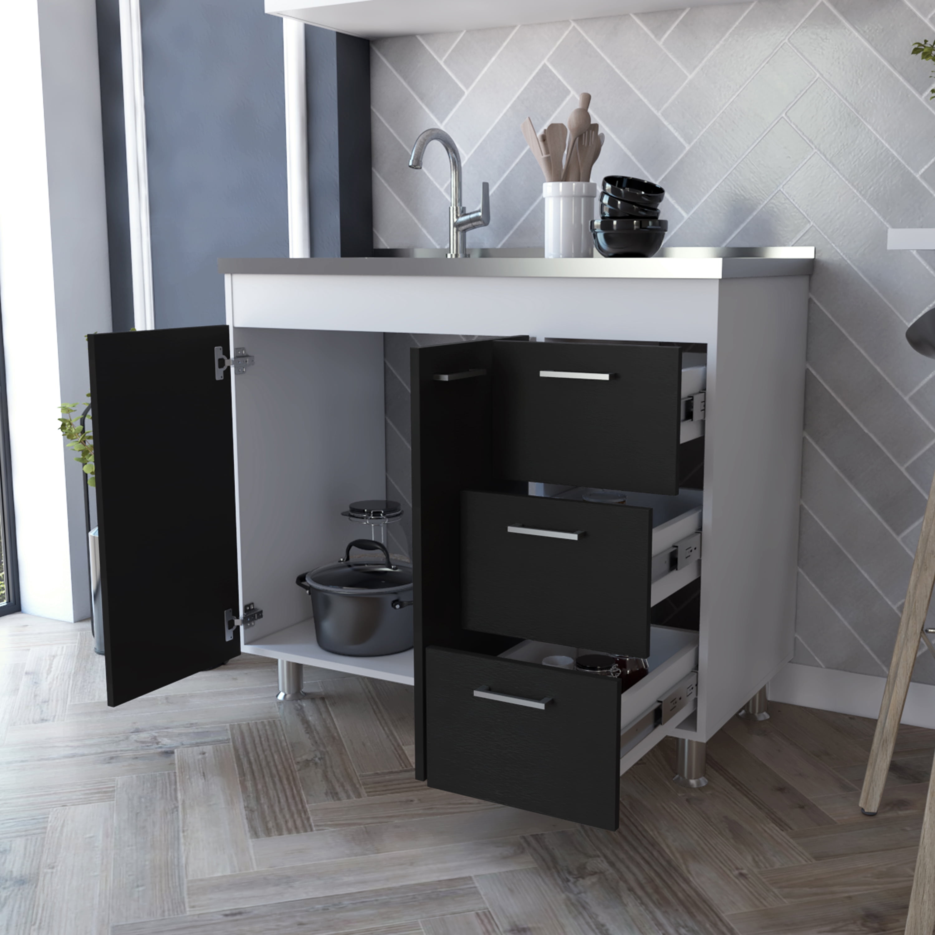 Rainlex 39" Freestanding Utility Sink Cabinet with Stainless Steel Countertop, Double Utility Basins, Soft-Close Storage Doors