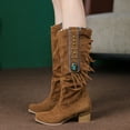 thumbnail image 2 of Oyedens Tassel Knee High Cowboy Boots for Women Boho Vintage Wide Calf Knee Length Riding Cowgirls Boots, 2 of 5