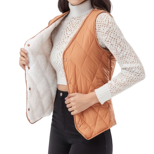 Gibobby Chalecos de mujer, Chaleco Acolchado para Mujer Chaleco de Forro Polar para Mujer(Naranja,XG)