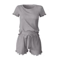 thumbnail image 4 of DYTTDG Women's Silk Short Sleeve Pajama Set | 2-Piece Ruffle Hem Top & Drawstring Shorts with Side Pocket, Solid Color Loungewear for Summer, 4 of 7