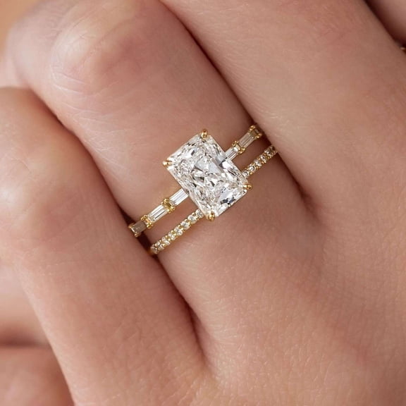 vylahjewellery 14K Vermeil Yellow Gold Valentine Day Ring Radiant Cut Engagement Ring for Women Baguette Moissanite Side Stone Wedding Bridal Set Jewelry