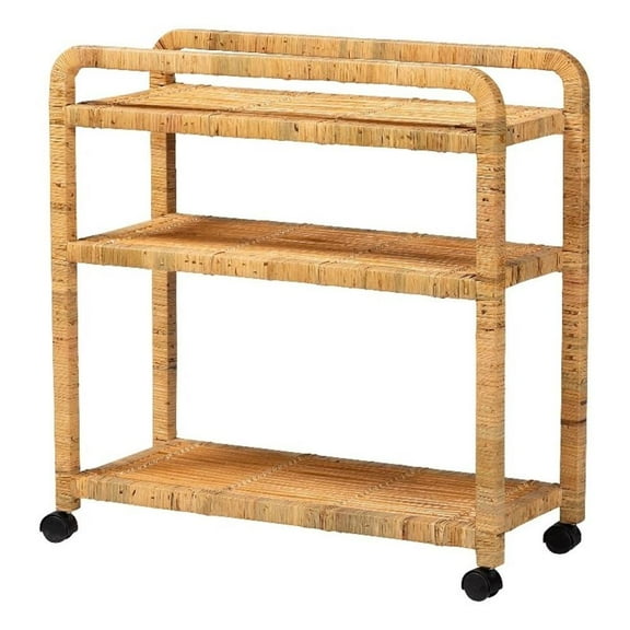 Pemberly Row Modern Bohemian Rattan Kitchen Cart in Natural Brown