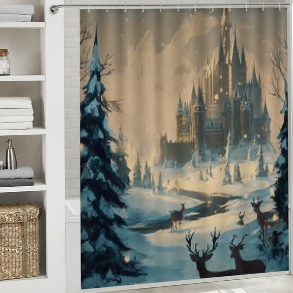 Christmas Shower Curtain,Mystery Castle Signs Christmas Curtain with Hooks for Home Bathroom Decor Washable Curtains, 72x72 in