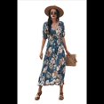 thumbnail image 3 of Vestido Bohemio de Verano para Mujer, Holgado, con Escote en V, Corta, Estampado Floral, Abertura, para Invitadas A Bodas en la Playa. Azul S, 3 of 10