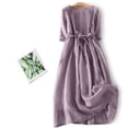 thumbnail image 2 of Womens Cotton Linen Dress Tunic Bow Tie Front 3/4 Sleeve Maxi Dress Casual Solid Color Pleated Crewneck Sundress, 2 of 5